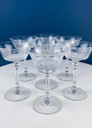 Crystal Champagne Flutes. Moondust Pattern Champagne Glasses by Noritake. Set of Seven Cut Crystal & Etched Motifs.