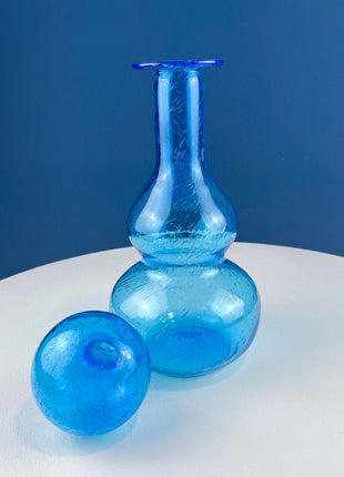 Blue Hand-Blown Glass Vase with Round Stopper. Collectible Modern Bottle. Home or Retail Decor. Interior Design Idea. Gift for Him or Her.