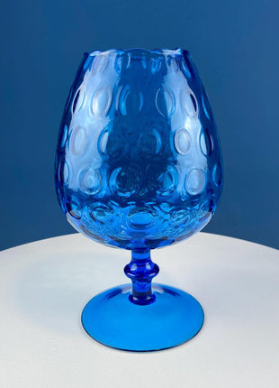 Blue Hand-Blown Glass Footed Vase. Large Goblet with Thumb Print Motif. Collectible Modern Glass. Home or Retail Decor. Interior Design Idea