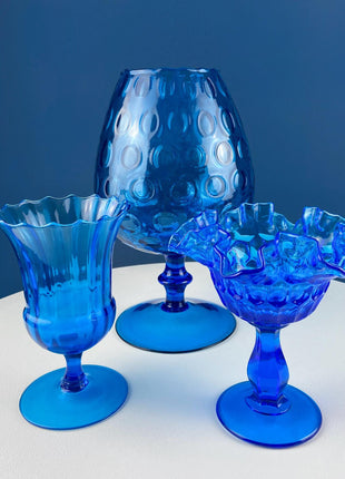 Blue Hand-Blown Glass Footed Vase. Large Goblet with Thumb Print Motif. Collectible Modern Glass. Home or Retail Decor. Interior Design Idea