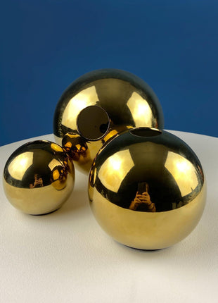 Gold Ceramic Globe Vases. Set of 3 Christmas Ornament Like Flower Vases. Seasonal or Everyday Table Decor. Florist or Interior Design Ideas