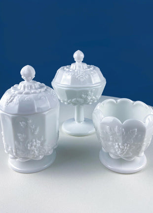 Vintage Westmoreland Milk Glass Pitchers with Vine & Grape Motif. 2 White Creamers. Dining Room Table Decor. Serveware. Gift for Him or Her