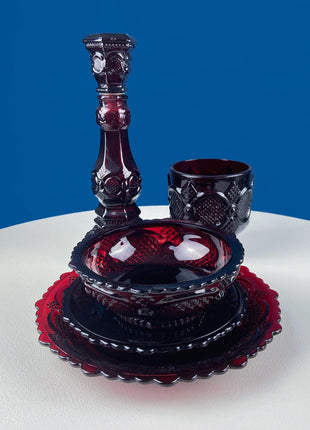 Vintage Ruby Red Avon Cape Cod Candle Holders/Vases/Cologne /Bottles. Set of 3. Pressed Glass Roman Rosette Pattern. Table Dining Room Decor