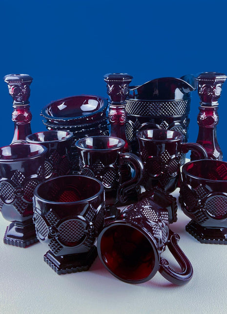 Vintage Ruby Red Avon Cape Cod Dish 16 Set. 5 Dessert Bowls 5 Mugs Pitcher 2 Cups, 3 Candle holders. Pressed Glass Roman Rosette Pattern.