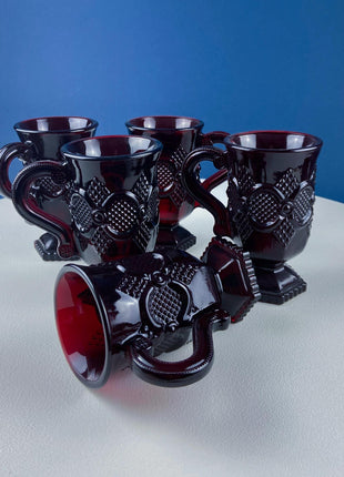 Vintage Ruby Red Avon Cape Cod Small Serving Bowls Cups. Set of 2. Pressed or "Sandwich" Glass, Roman Rosette Pattern. Dining Room Decor.