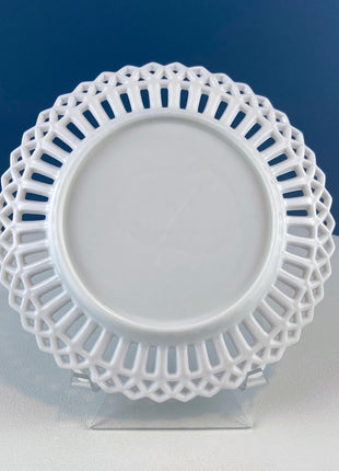 Westmoreland Milk Glass Plates with Lacey Brim. Set of 2. Reticulated Peacock Feather & Geometrical. Dining Room Table Decor. French Country