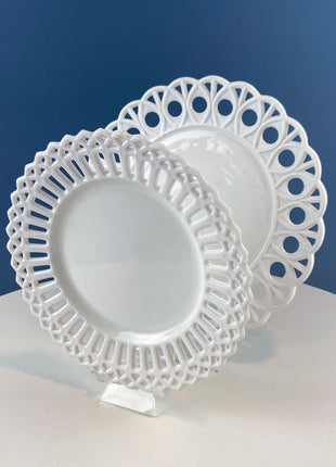 Westmoreland Milk Glass Plates with Lacey Brim. Set of 2. Reticulated Peacock Feather & Geometrical. Dining Room Table Decor. French Country