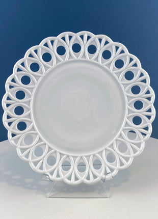 Westmoreland Milk Glass Plates with Lacey Brim. Set of 2. Reticulated Peacock Feather & Geometrical. Dining Room Table Decor. French Country