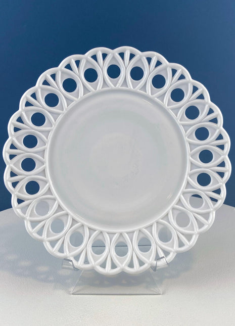 Westmoreland Milk Glass Plates with Lacey Brim. Set of 2. Reticulated Peacock Feather & Geometrical. Dining Room Table Decor. French Country