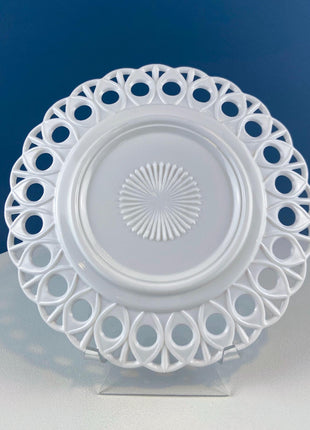 Westmoreland Milk Glass Plates with Lacey Brim. Set of 2. Reticulated Peacock Feather & Geometrical. Dining Room Table Decor. French Country