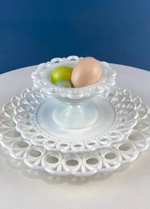 Westmoreland Milk Glass Plates with Lacey Brim. Set of 2. Reticulated Peacock Feather & Geometrical. Dining Room Table Decor. French Country