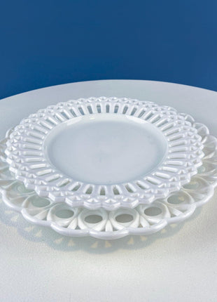 Westmoreland Milk Glass Plates with Lacey Brim. Set of 2. Reticulated Peacock Feather & Geometrical. Dining Room Table Decor. French Country