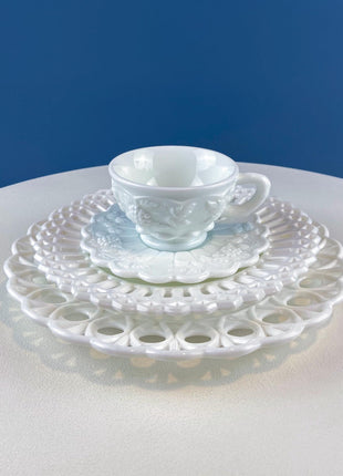 Westmoreland Milk Glass Plates with Lacey Brim. Set of 2. Reticulated Peacock Feather & Geometrical. Dining Room Table Decor. French Country