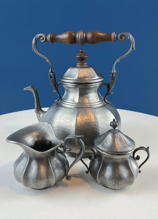 Vintage 6 Piece Pewter Coffee & Tea Serving Set with Filigree Tray. Metawa, Holland. Mid Century Modern Early Art Deco. Rattan Bamboo Handle