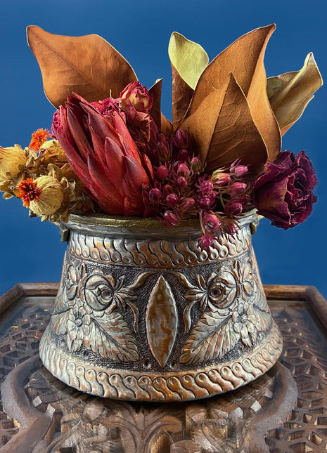 Antique Hand Pounded Copper & Tin Pail Storage Container or Vase with Lid and Brass Handle. Embossed Floral Folk Motif. Ethnic Home Decor.