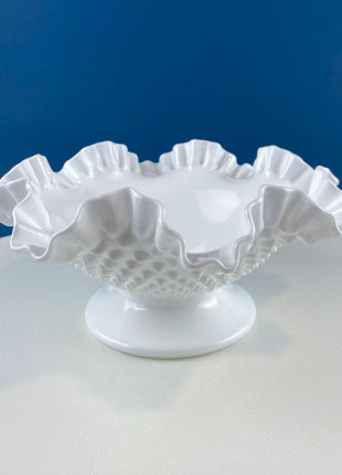 Vintage Fenton Hobnail Serving Bowl Fruit Stand. Fluted Outer Wall. Mid-C Modern Collectible Milk Glass. Dining Room Kitchen Table Decor.