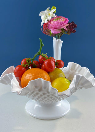 Vintage Fenton Hobnail Serving Bowl Fruit Stand. Fluted Outer Wall. Mid-C Modern Collectible Milk Glass. Dining Room Kitchen Table Decor.