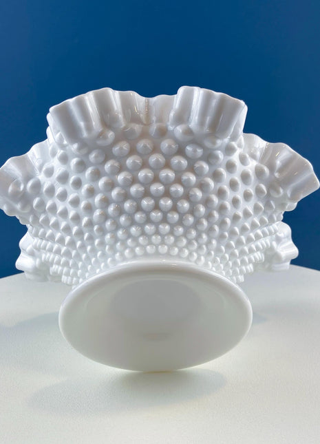 Fenton Milk Glass Hobnail Footed Bowl with Ruffled Edge. Vintage Collectible White Fruit Serving Dish. Dining Room Decor. Table Centerpiece.
