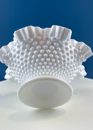 Vintage Fenton Hobnail Serving Bowl Fruit Stand. Fluted Outer Wall. Mid-C Modern Collectible Milk Glass. Dining Room Kitchen Table Decor.