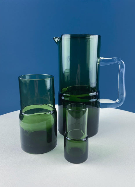 Vintage Hand Blown Double Dipped Modern Dark Green Pitcher with 4 Regular Sized Glasses & 5 Small Juice Tumblers. Dining Room Decor.