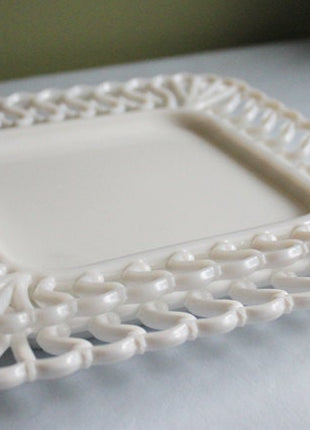 Vintage Italian White Serving Dishes. Set of 3. Square Platter, Tray and Cake Stand. 3 Dimensional Floral Herbal Motifs. Hosting Essentials.