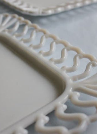 Vintage Italian White Serving Dishes. Set of 3. Square Platter, Tray and Cake Stand. 3 Dimensional Floral Herbal Motifs. Hosting Essentials.