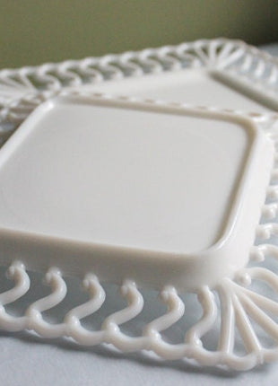 Vintage Italian White Serving Dishes. Set of 3. Square Platter, Tray and Cake Stand. 3 Dimensional Floral Herbal Motifs. Hosting Essentials.