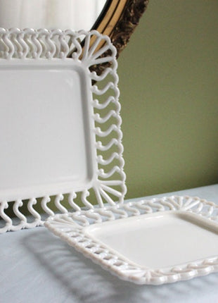 Vintage Italian White Serving Dishes. Set of 3. Square Platter, Tray and Cake Stand. 3 Dimensional Floral Herbal Motifs. Hosting Essentials.