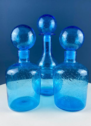 Aqua Blue Hand-Blown Fluted Glass Bottle or Vase with Pointed Stopper. Modern Glass Collection. Home Retail Decor.