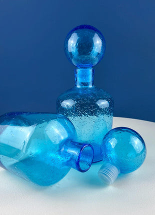 Aqua Blue Hand-Blown Fluted Glass Bottle or Vase with Pointed Stopper. Modern Glass Collection. Home Retail Decor.