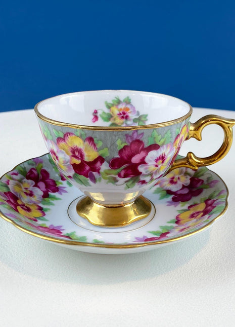 Vintage Cup & Saucer with Colorful Pansies by Royal Sealy. Dining Room Table Decor. Gift for Her Mom Tea Lover Connoisseur. French Country.