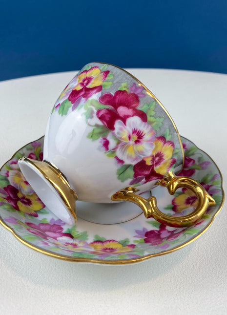 Vintage Cup & Saucer with Colorful Pansies by Royal Sealy. Dining Room Table Decor. Gift for Her Mom Tea Lover Connoisseur. French Country.