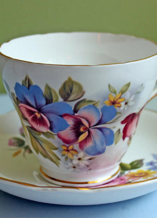 Vintage Cup & Saucer with Colorful Pansies by Royal Sealy. Dining Room Table Decor. Gift for Her Mom Tea Lover Connoisseur. French Country.