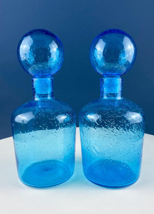 Aqua Blue Hand-Blown Fluted Glass Bottle or Vase with Pointed Stopper. Modern Glass Collection. Home Retail Decor.