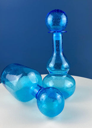 Aqua Blue Hand-Blown Fluted Glass Bottle or Vase with Pointed Stopper. Modern Glass Collection. Home Retail Decor.