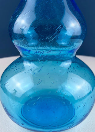 Aqua Blue Hand-Blown Fluted Glass Bottle or Vase with Pointed Stopper. Modern Glass Collection. Home Retail Decor.