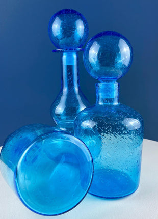 Aqua Blue Hand-Blown Fluted Glass Bottle or Vase with Pointed Stopper. Modern Glass Collection. Home Retail Decor.
