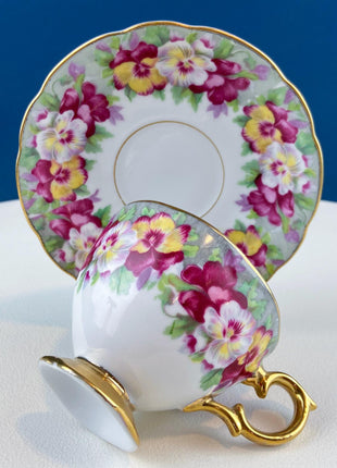 Vintage Cup & Saucer with Colorful Pansies by Royal Sealy. Dining Room Table Decor. Gift for Her Mom Tea Lover Connoisseur. French Country.
