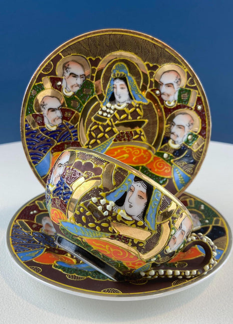 Vintage Satsuma Moriage Japanese Gold Dragon Tea Set. 4 Cups & Saucers. 3 D Dragons. Gift for Tea Connoisseur Collector. Asian Home Decor.