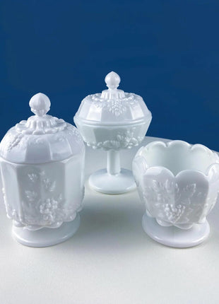 Antique Westmoreland Milk Glass Bowl with Embossed Grapes & Vines Motif and Scalloped Edge. White Oval Serving Dish. Table Kitchen Decor.