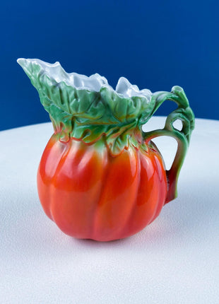 Vintage Porcelain Creamer in Shape of Pumpkin. 3D Highly Detailed Flower and Leaf. Modern Farmhouse. Dining Room Decor. Hosting Essential.