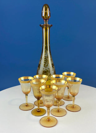 Antique Tiffin Sherry Cordial Sweet Wine Fluted Glasses with Gold Embossed Rims. Set of 8. Dining Room Table Decor. Holiday Celebration.