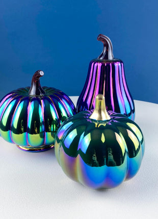 Set of 3 Iridescent Glass & Ceramic Pumpkins Gourds. Home or Retail Fall Decor. Halloween Display. Thanksgiving Table Centerpiece.