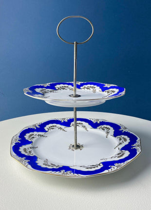 Pedestal Cake Dessert Stand. 10" Blue And White. Reticulated Scalloped Brim. Kitchen Dining Room Display. Modern Country.