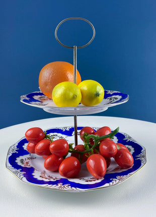 Pedestal Cake Dessert Stand. 10" Blue And White. Reticulated Scalloped Brim. Kitchen Dining Room Display. Modern Country.