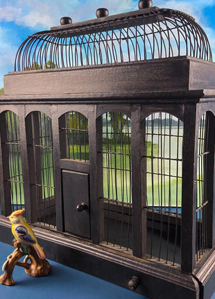 Vintage Music Box. Two Doves in Bird Cage. Metal Cage with Porcelain Birds. Home Library, Office, Sun Room Display.