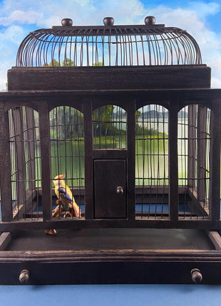Vintage Music Box. Two Doves in Bird Cage. Metal Cage with Porcelain Birds. Home Library, Office, Sun Room Display.