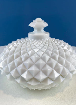 Vintage Milk Glass Bowl with Lid. Engraved Star Motif. Bath Toiletries Jewelry Storage Candy Dish. Modern Farmhouse. French Country.