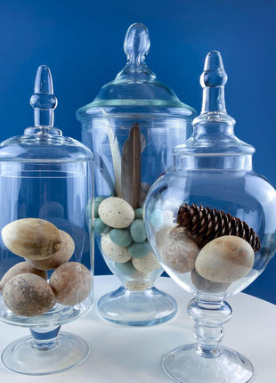 Glass Footed & Lidded Apothecary Jar with Chinese Lanterns. For Objects Display, Bathroom Toiletries Holiday Decor. Terrarium. Candy Dish.