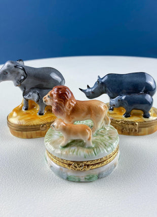 Mom and Baby Rhinos Vintage Retired Limoges Miniature Box. Collectible Porcelain & Brass Trinket Ring Pill Box. African Safari Design.